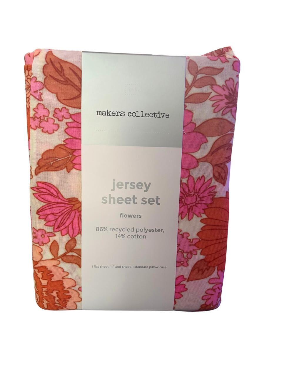 MAKERS COLLECTIVE | JERSEY SHEET SET | ORANGE+PINK MODERN FLORAL PATTERN | TWIN